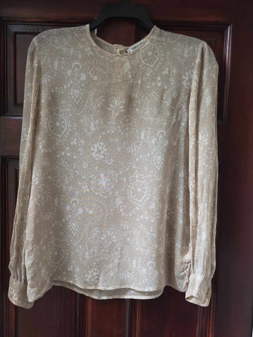Giorgio Armani Cream-Tan Paisley Long-Sleeve Blouse Size 2 In EUC